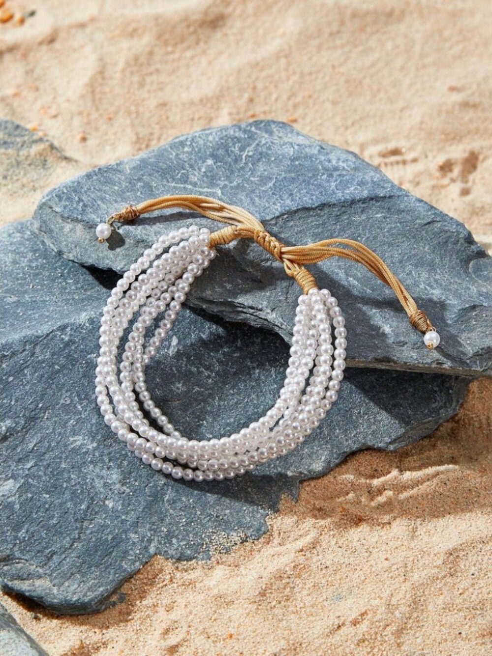 Ivory Faux Pearl Multi-Strand Beaded Bracelet with Gold Cord Tie
